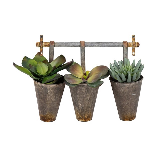 Metal Wall Rack With 3 Tin Pots Storied Home