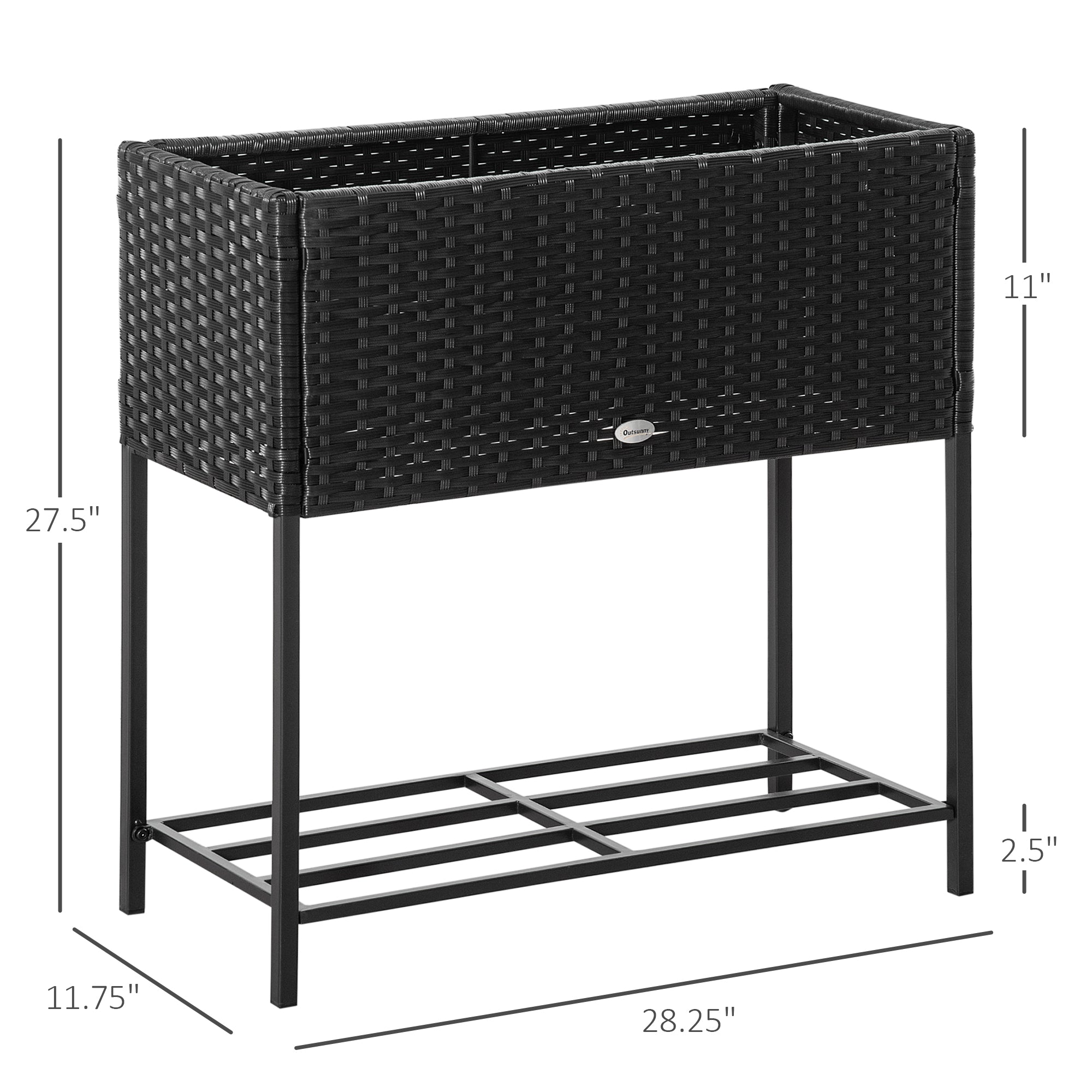 Outsunny Elevated Metal Raised Garden Bed with Rattan Wicker Look, Underneath Tool Storage Rack, Sophisticated Modern Design, Black