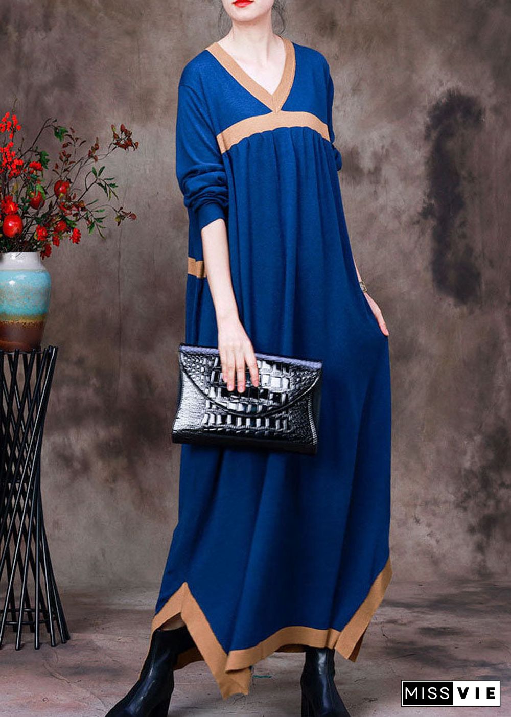 Blue Patchwork Knit Vacation Dresses Asymmetrical Long Sleeve