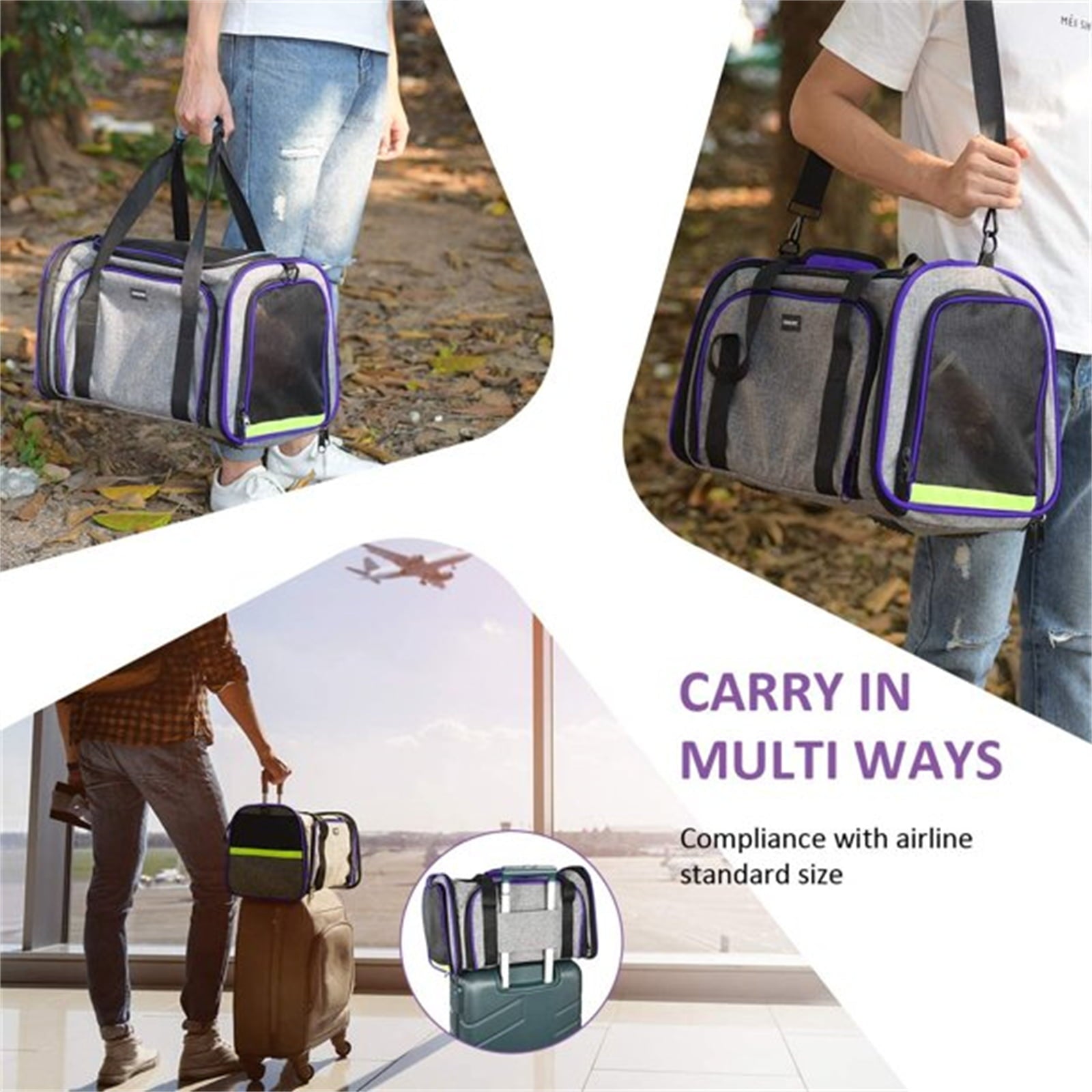 Electronn Cat Carrier TSA Airline Approved with Ventilation for Small Medium Cats Dogs Puppies with Big Space 5 Mesh Windows 4 Open Doors - Purple