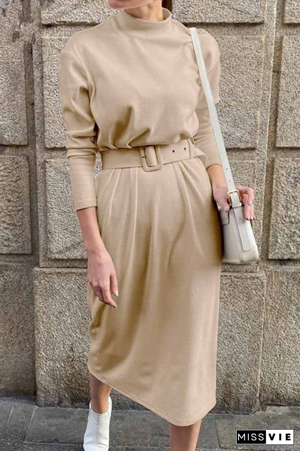 Loose Long Sleeve Solid Color Midi Dresses