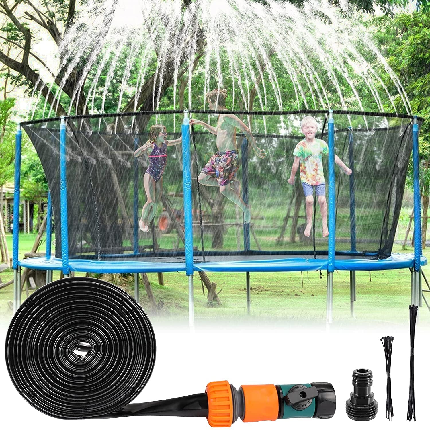 26FT Trampoline Sprinklers for Kids Outdoor Water Play Sprinklers Fun Summer Water Toys， Water Games Yard Toys Sprinklers Backyard Sprayer Water Park for Age 5+