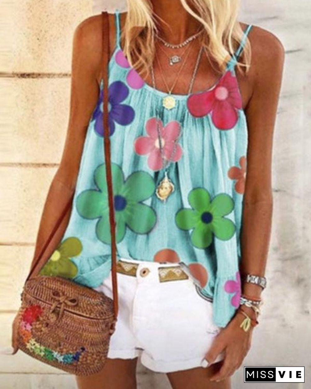 Print Floral Spaghetti Strap Sleeveless Casual Tank Tops