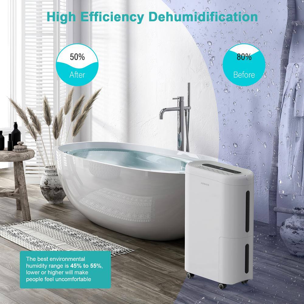 KESNOS 60-Pint . Portable Home Dehumidifier For up to 4500 sq. ft. With Drain and Water Tank Timer With Wheels White HDCX-PD220B-1