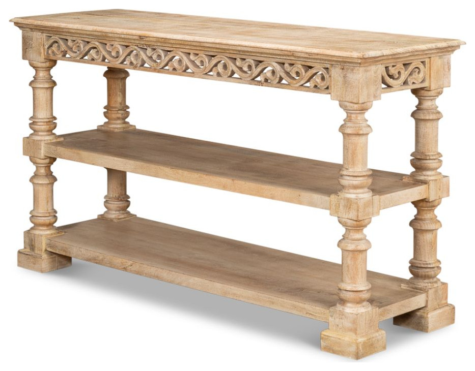 Fowler Carved Console With Shelf Solid Wood   Traditional   Console Tables   by Sideboards and Things  Houzz