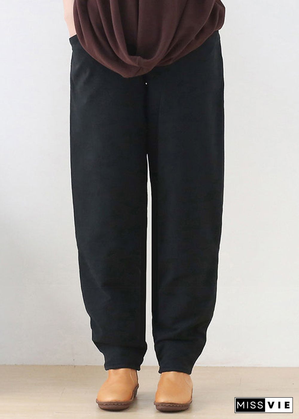 Black Elastic Waist Thick Beam Pants Winter