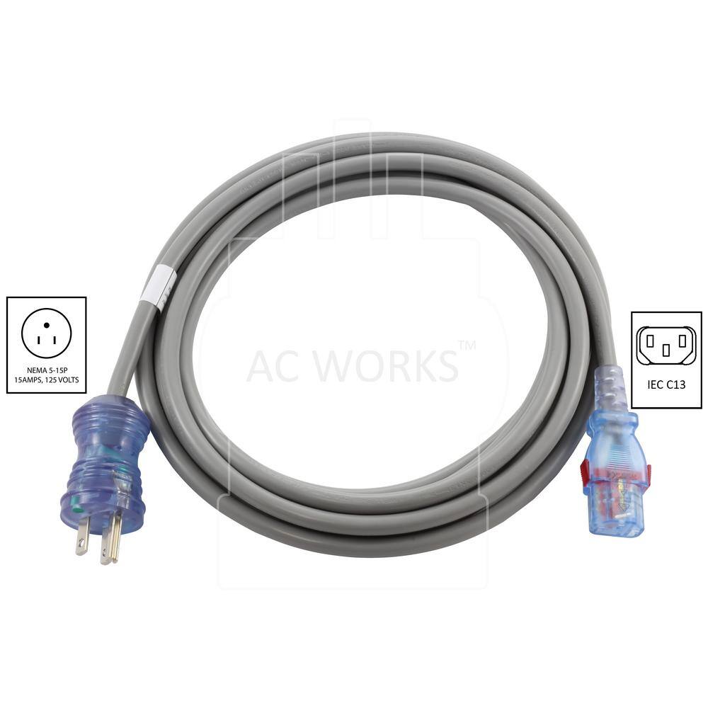 AC WORKS 10 ft. 15 Amp 125-Volt 143 Medical-Hospital Grade Gray Power Cord with Locking IEC C13 MD15AC13-120AL