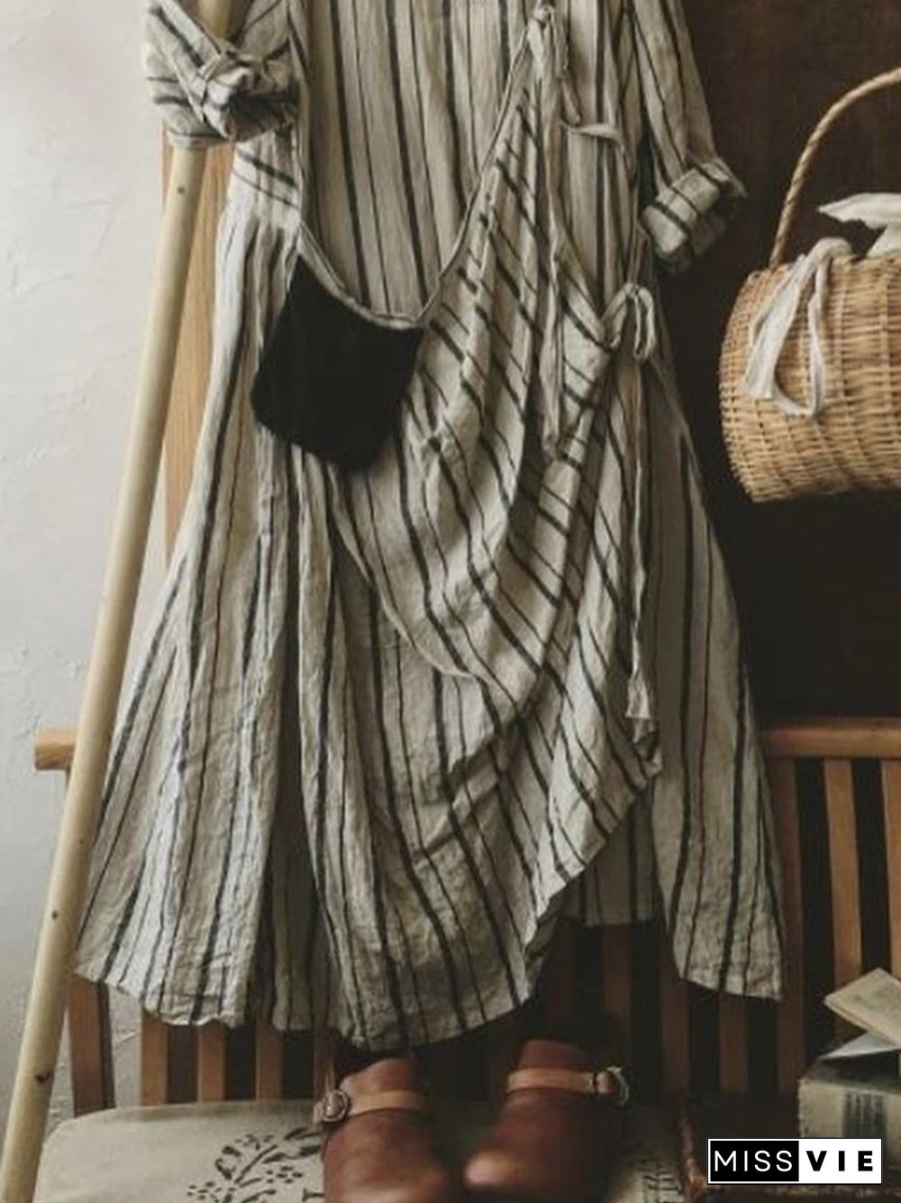 Vintage Striped Plus Size Long Sleeve Casual Weaving Dress