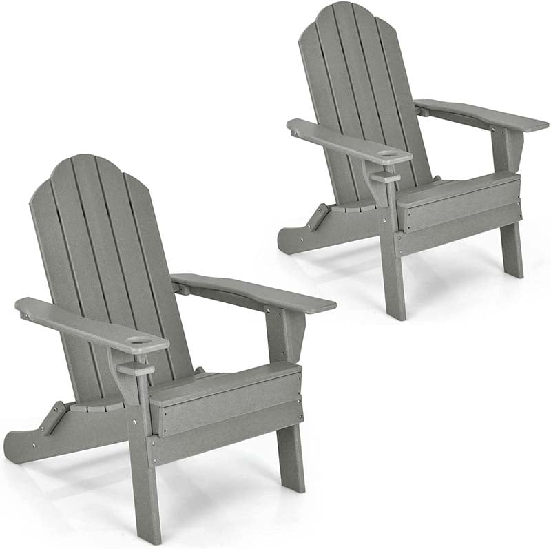 2-Pack Folding Adirondack Chairs with Built-in Cup Holder, PE Weather Resistant Outdoor Patio Folding Chairs