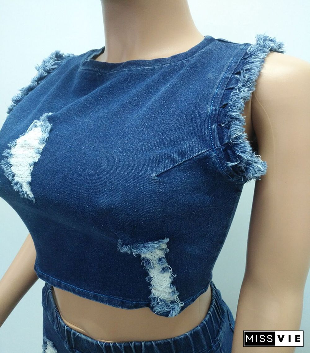 Denim Ripped Holes Tank Tops 2 Piece Short Sets