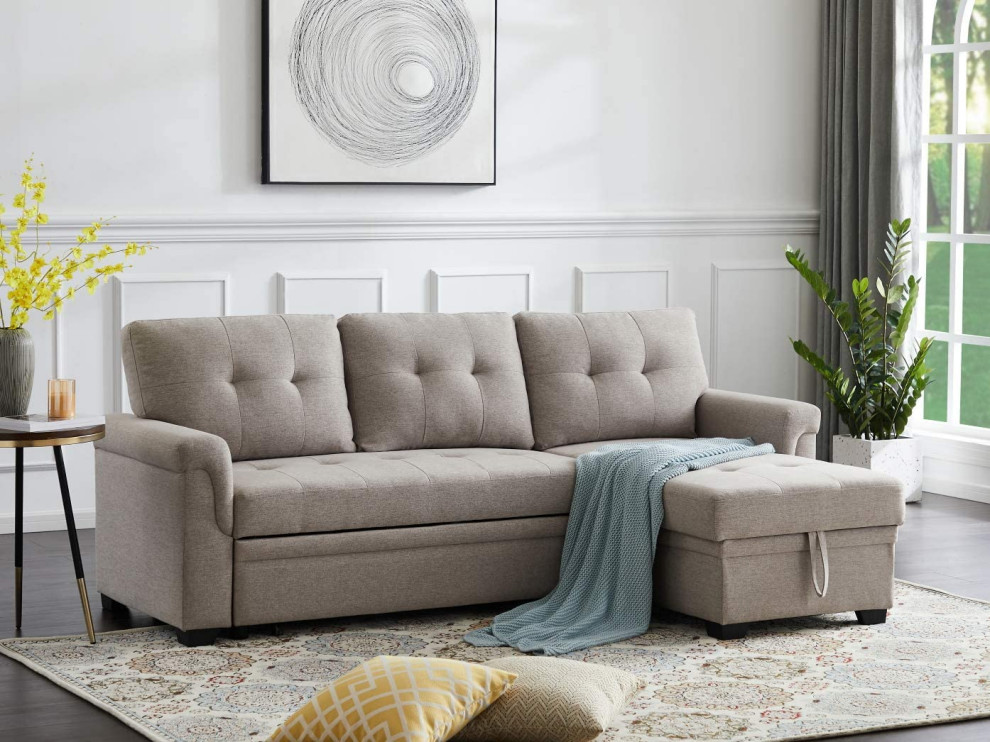 Sectional Sleeper Sofa  Tufted Seat  ampBack With Reversible Storage Chaise  Gray   Transitional   Sleeper Sofas   by Decor Love  Houzz