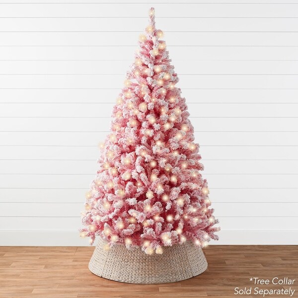 Prelit Pink Christmas Tree，Snow Flocked Holiday Decor w/ Metal Base