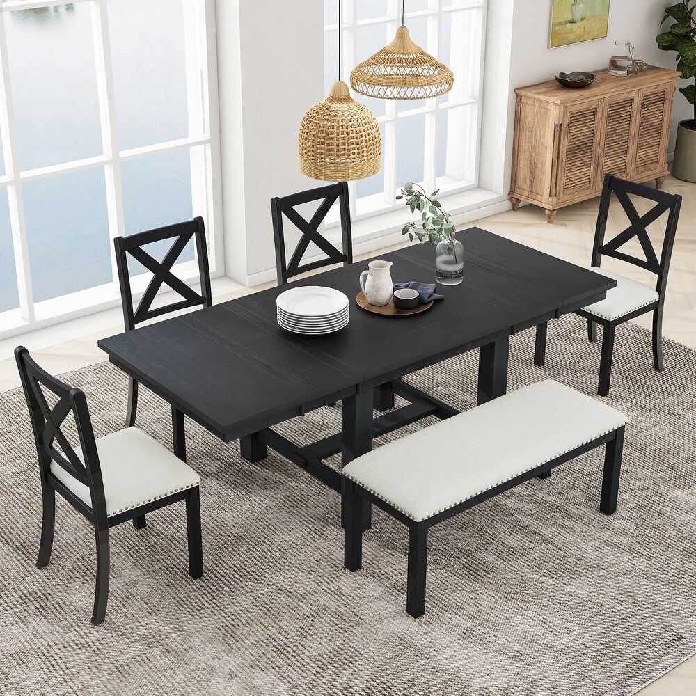 6 Piece Dining Table Set with Footrest  4 Padded Chairs   Bench  Wooden 82\