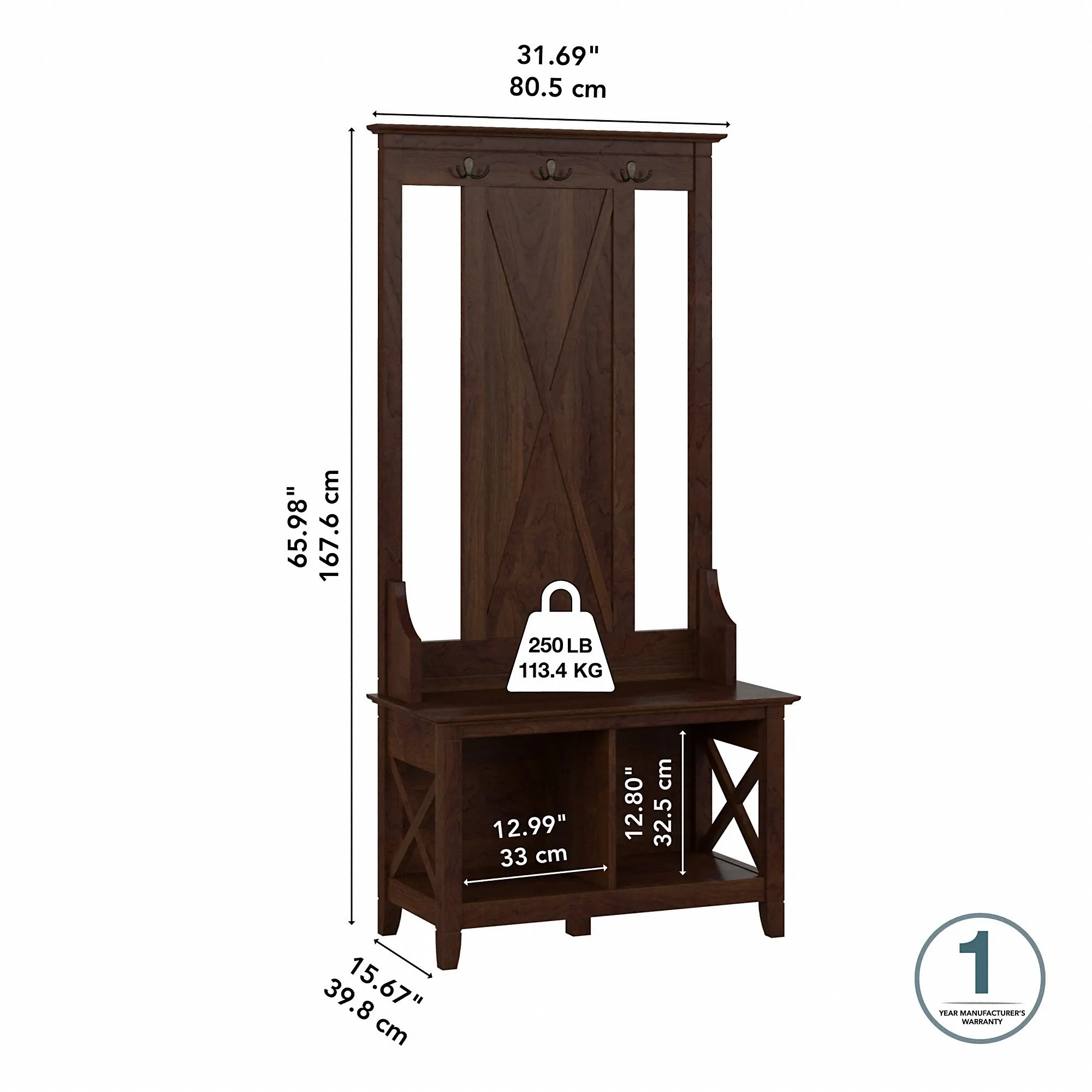 Key West Bing Cherry Hall Tree with Shoe Bench - Bush Furniture