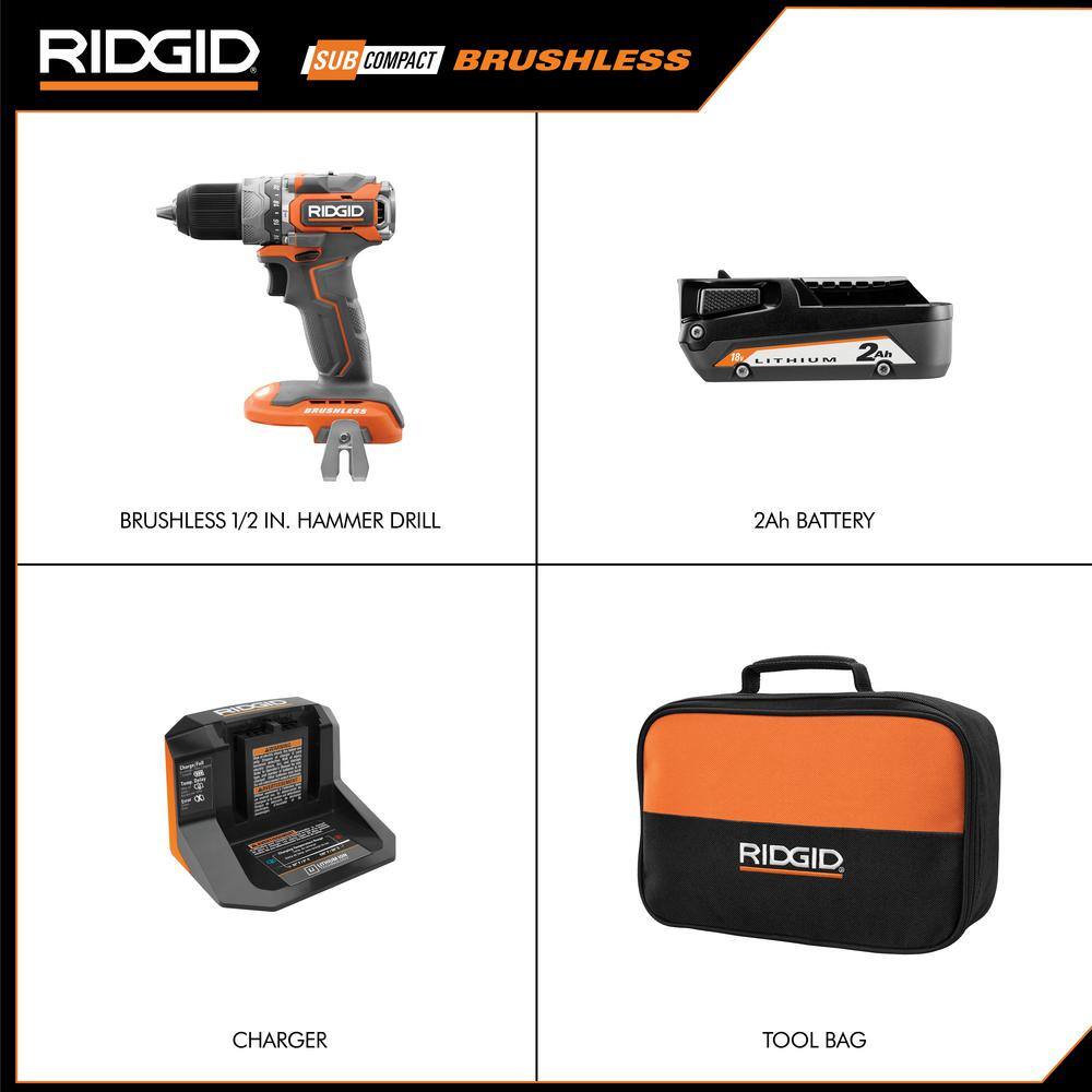 RIDGID 18V SubCompact Brushless 12 in. Hammer Drill Kit with (2) 2.0 Ah Batteries Charger and Bag R8711K