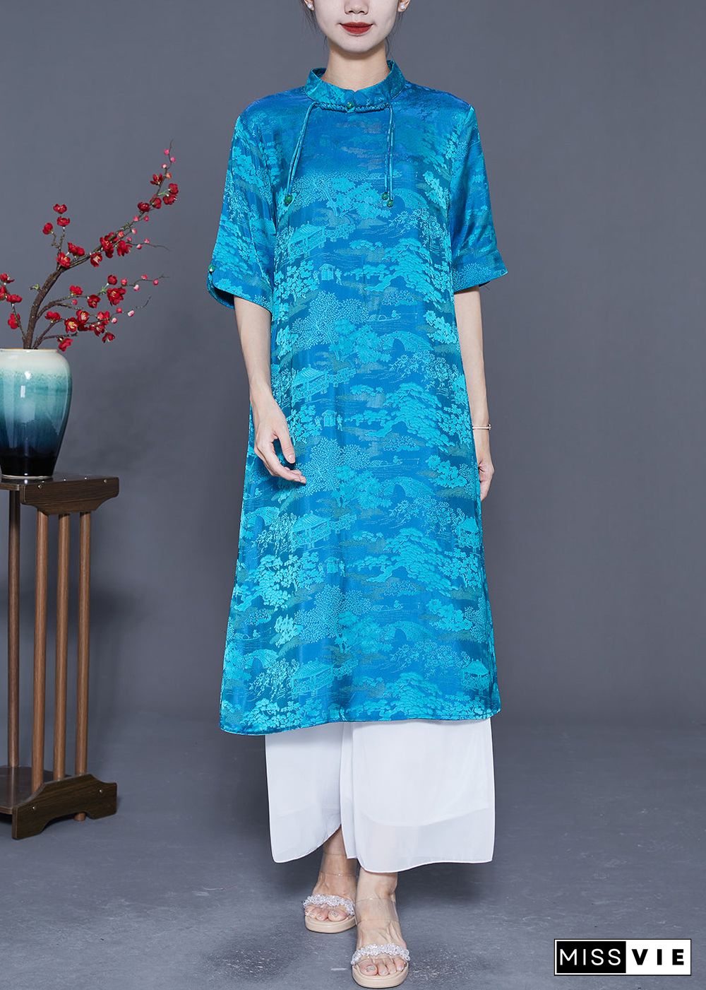 Boho Blue Mandarin Collar Print Tassel Silk Robe Dresses Summer