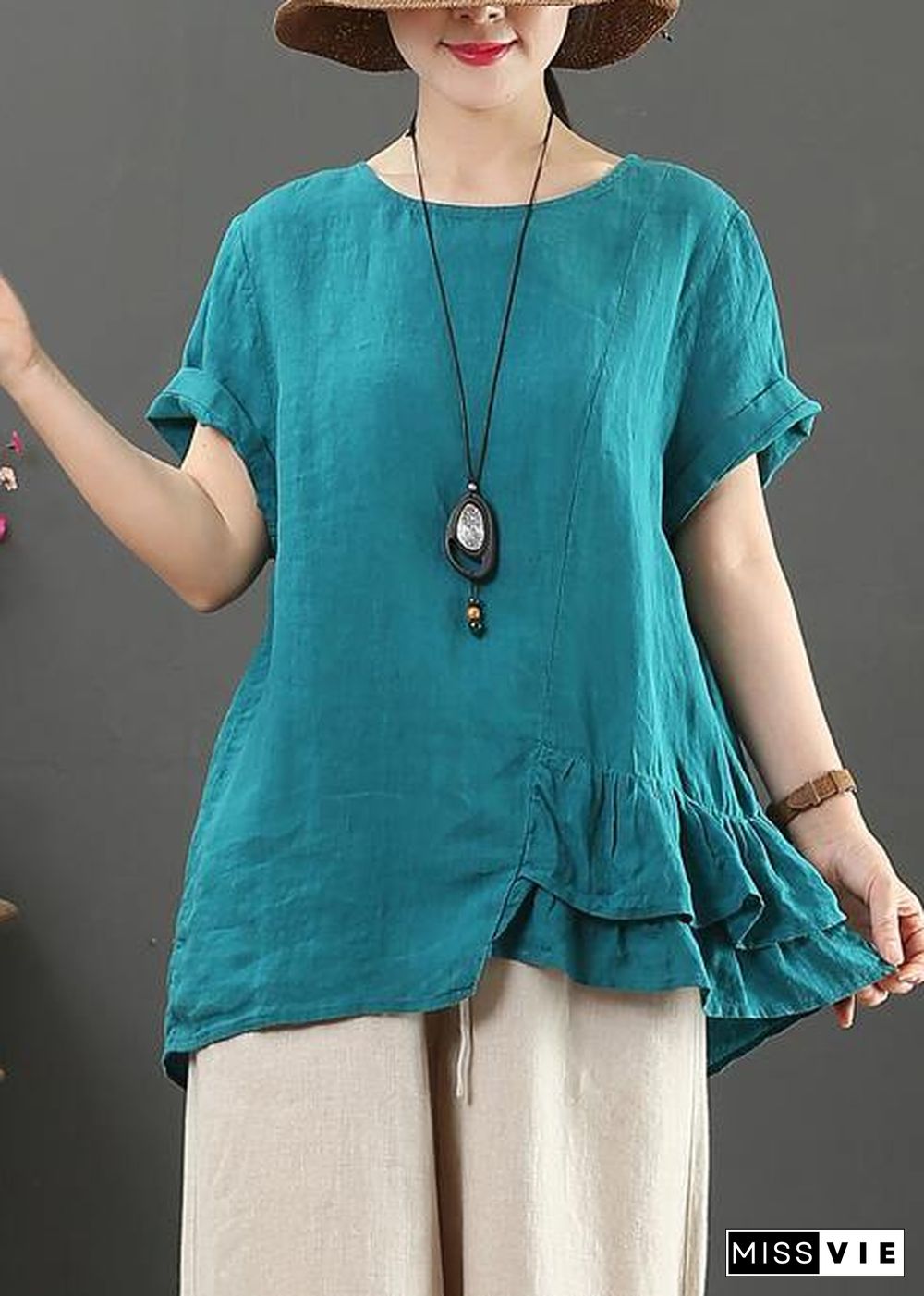 DIY o neck asymmetric linen cotton summer blue loose shirt