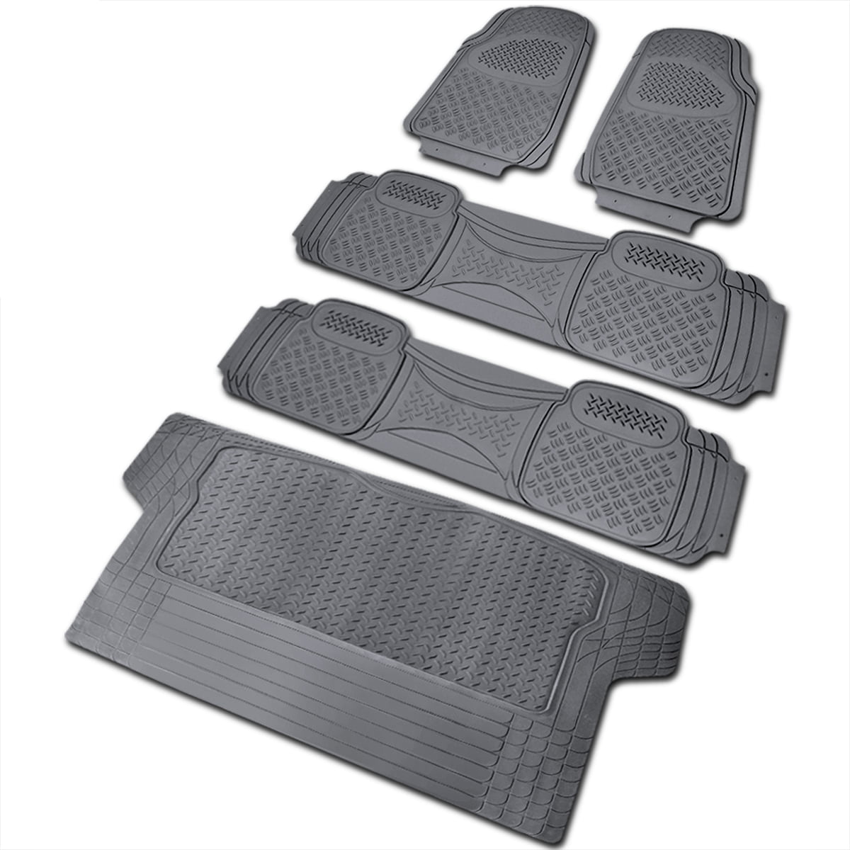 Spec-D Tuning Universal Fitment 5 Piece Gray Heavy Duty All Weather 3D Rubber Floor Mats Front + Rear + Trunk Truck SUV