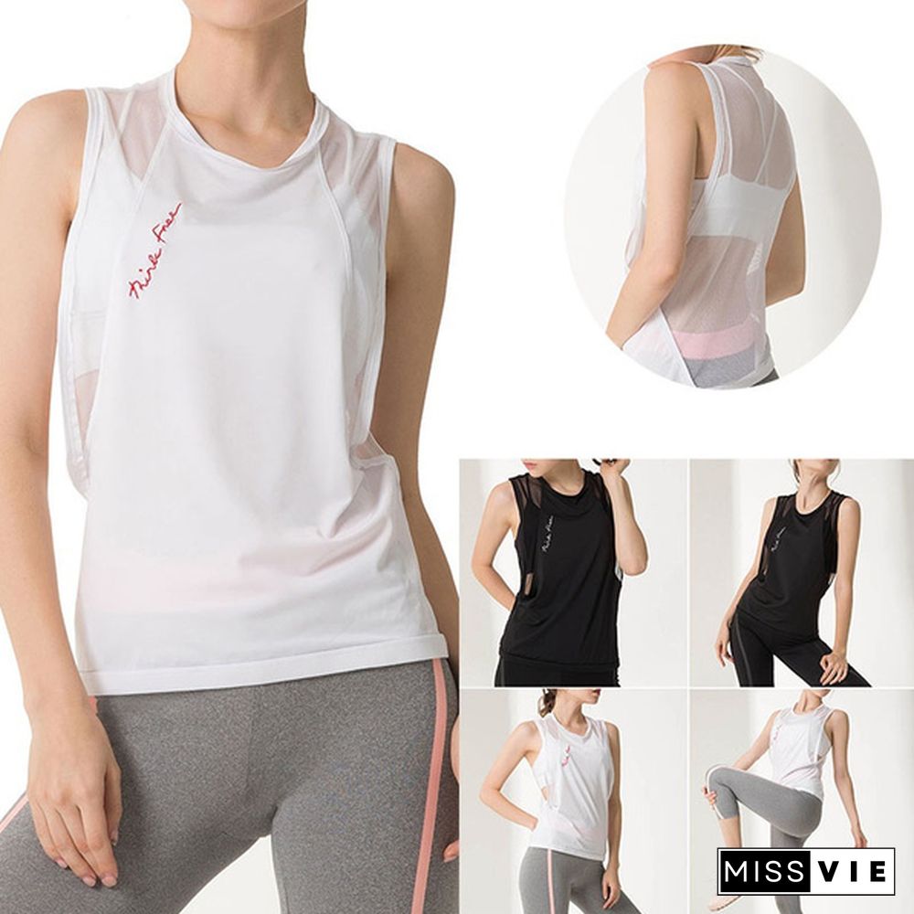 Women's Mesh Patchwork Running Tank Tops Workout Gym Shirts Yoga Clothes