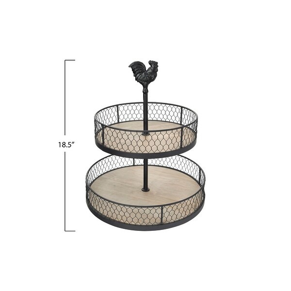 2-Tier Wood and Metal Round Trays with Rooster Top