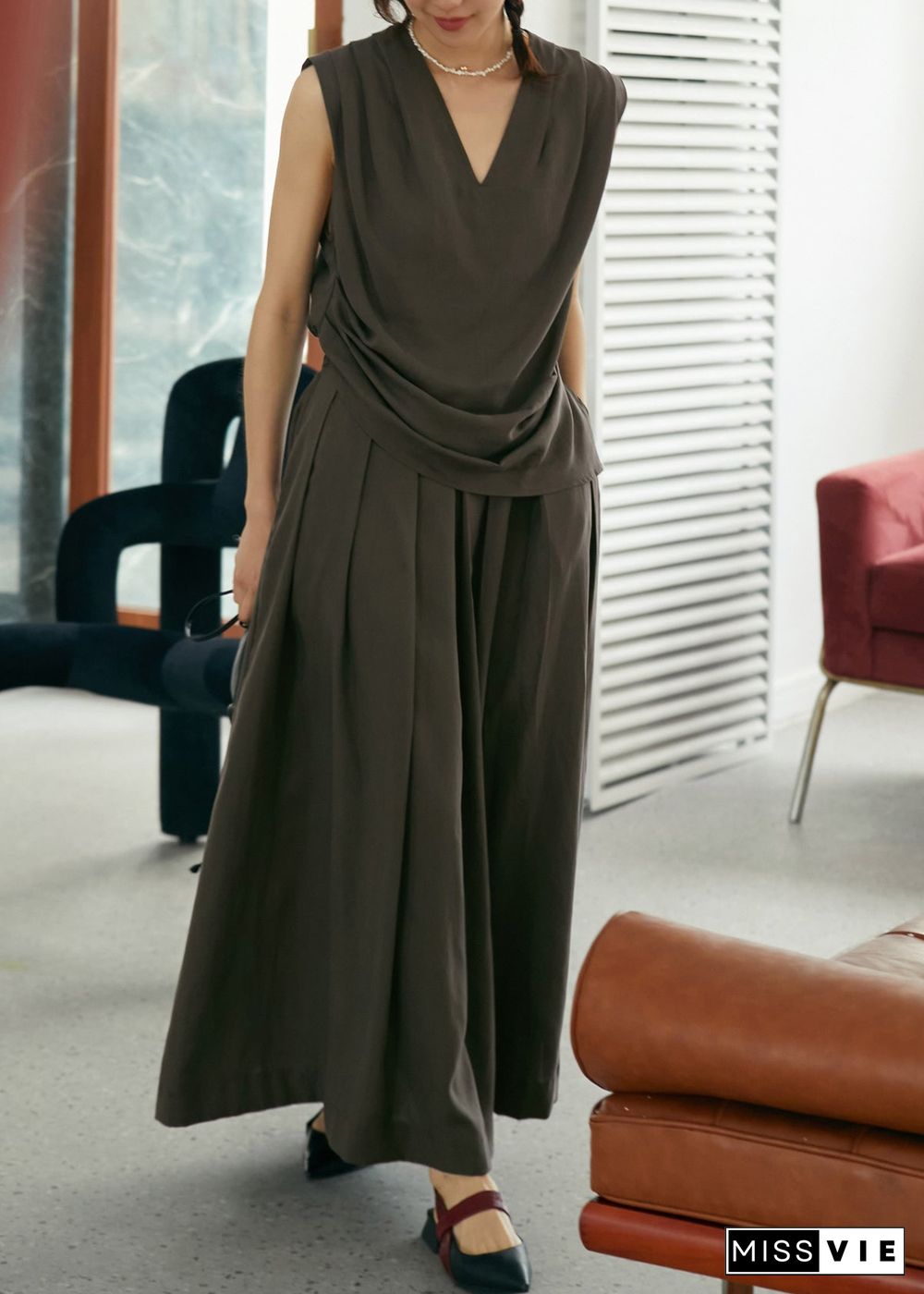 Retro Coffee V Neck Silk Tank Top And Maxi Skirts Two Piece Set Summer