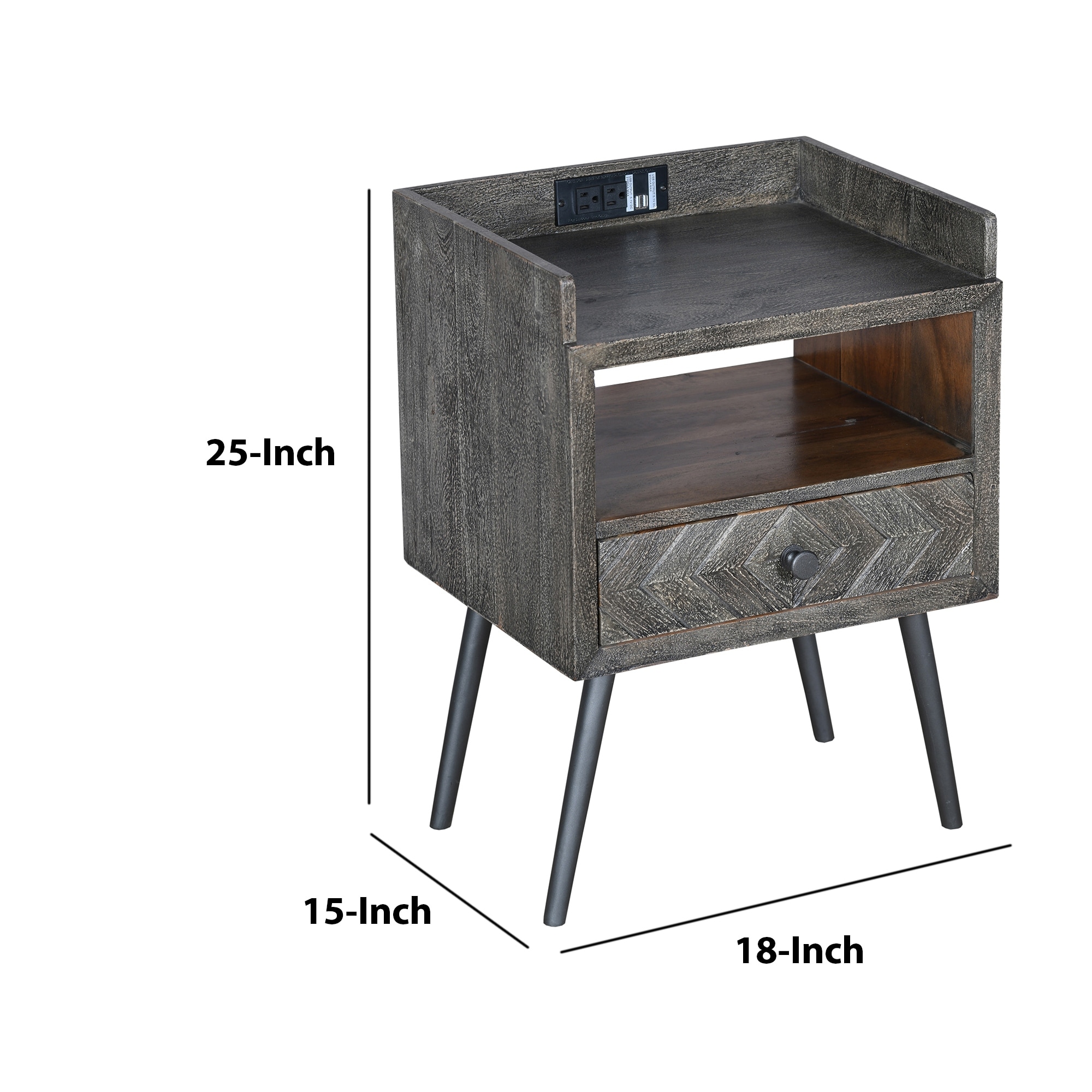 25 Inch Wood End Side Table with USB， Distressed Gray