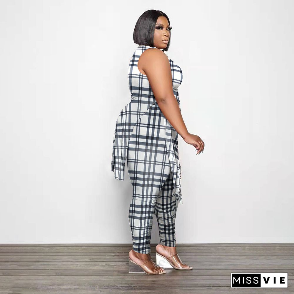 Plus Size Plaid Print Tank Tops Pencil Pants Sets