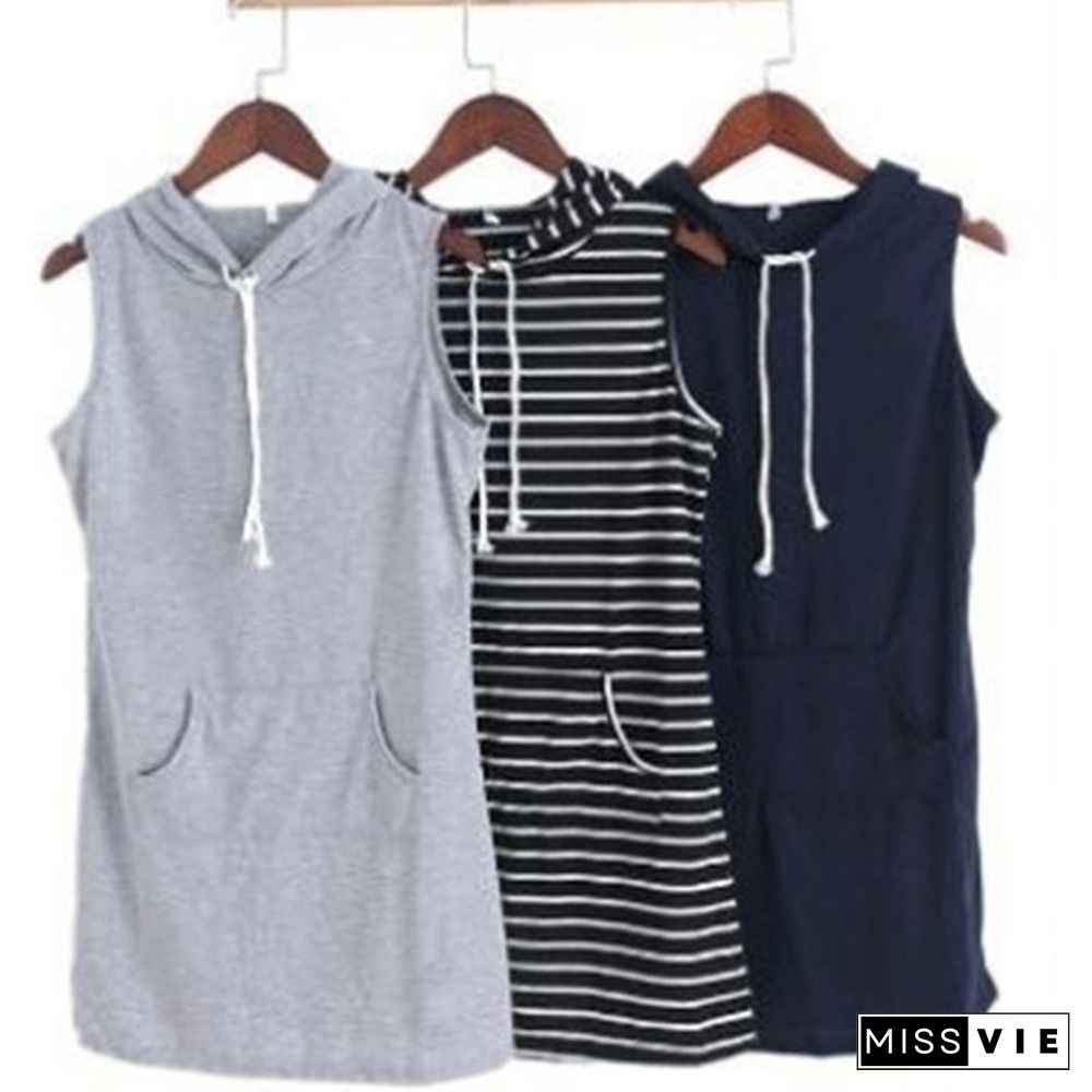 Women Fashion Autumn Bodycon Sleeveless Striped Hoodie With Pockets Dress Ladies Casual Pencil Shirt Dress