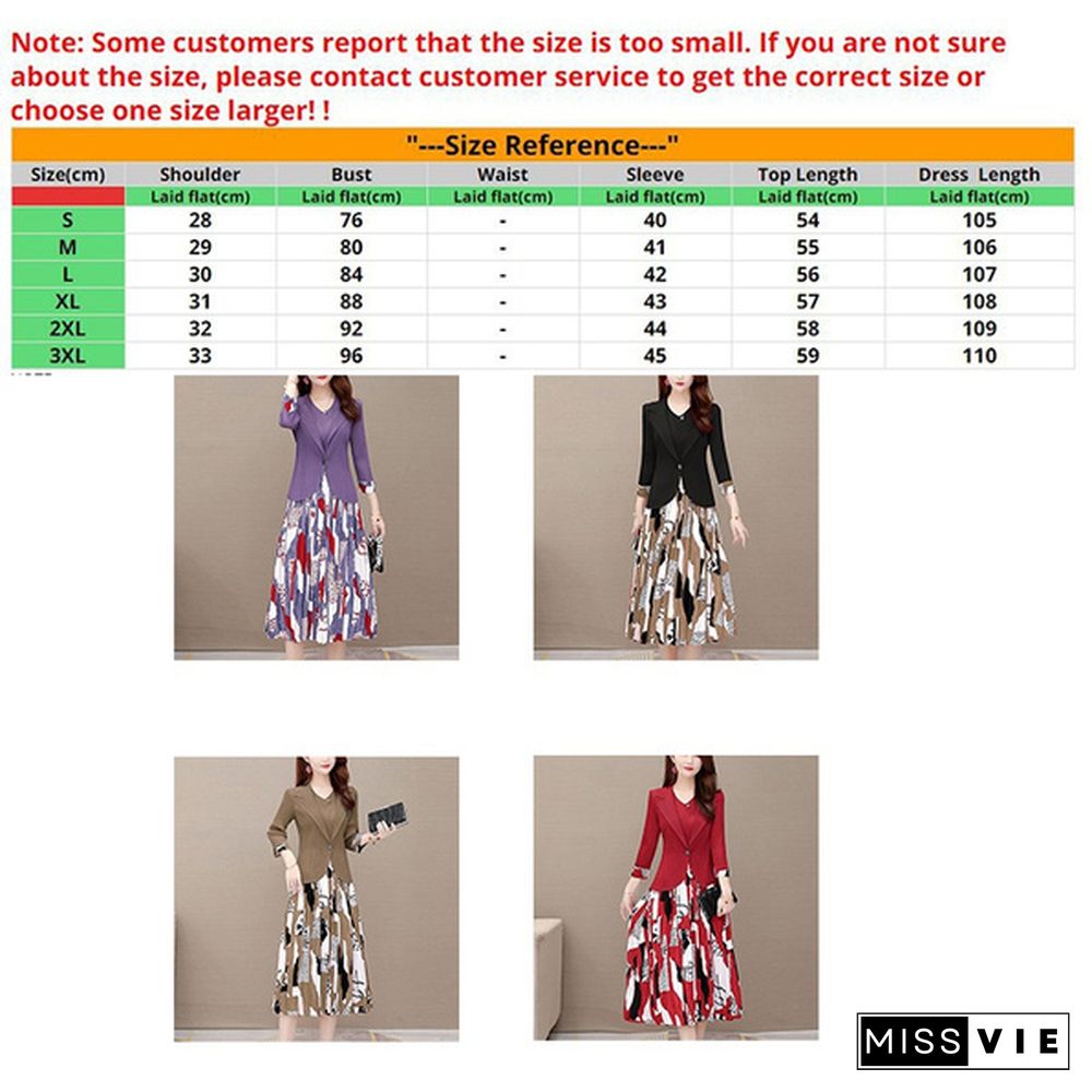 Office Lady Two Piece Sets Women Outfit Fashion 3/4 Sleeve Blazer And Sleeveless Spliced Print Pleated Dress Suits Spring Autumn