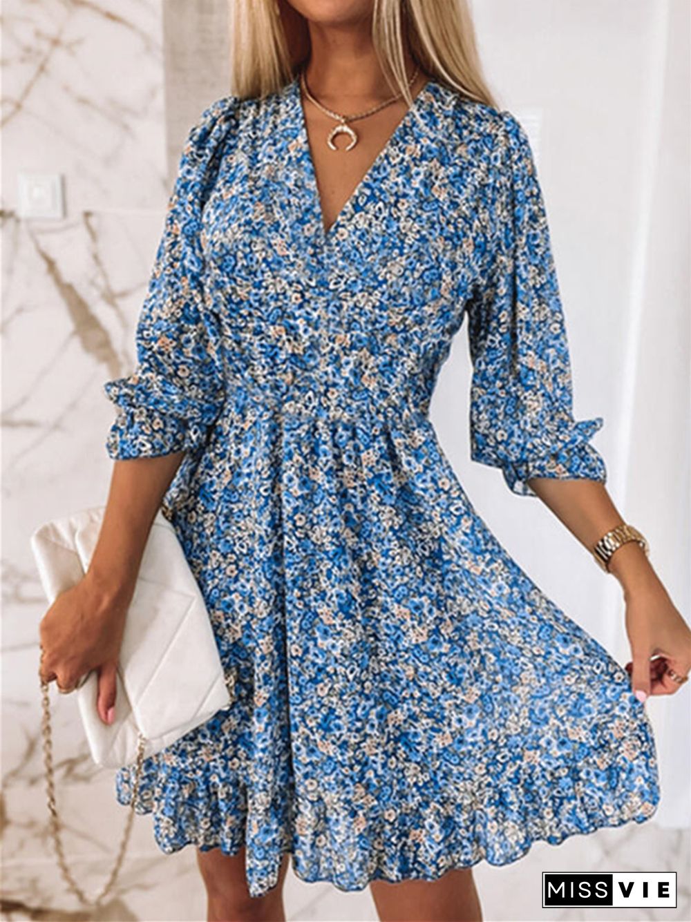 New Medium Length Waistband Pullover Bohemian Printed Short Sleeve Floral Dress