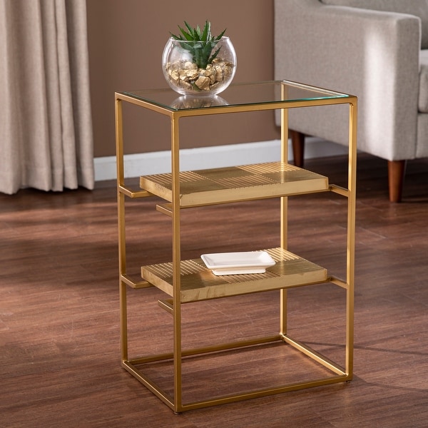 SEI Furniture Pantello Glass-Top Side Table w/ Shelving， Brass