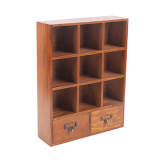 YIYIBYUS Brown Wooden Shelf with 2 Drawers Desktop Storage 9-Cube Organizer HG-HSLT-5697