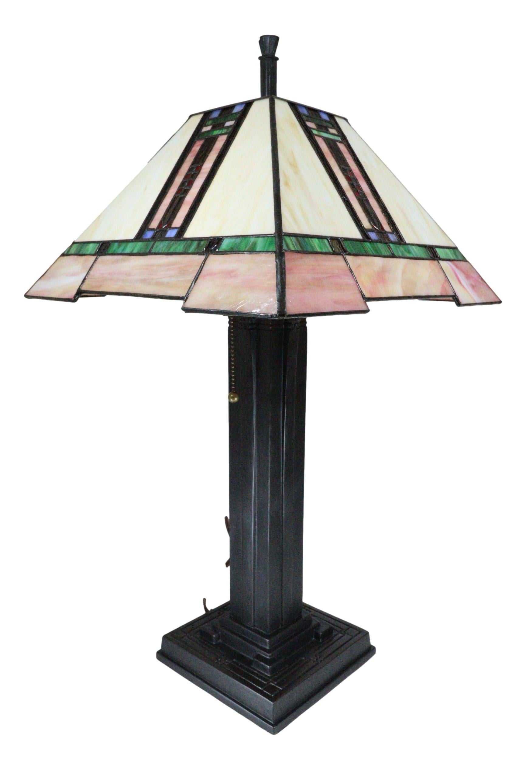 Louis Tiffany Mission Style Geometric Vectors Stained Glass Shade Table Lamp