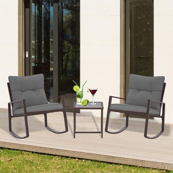 SUNCROWN 3Piece Outdoor Patio Brown Wicker Rocking Chairs Bistro Set