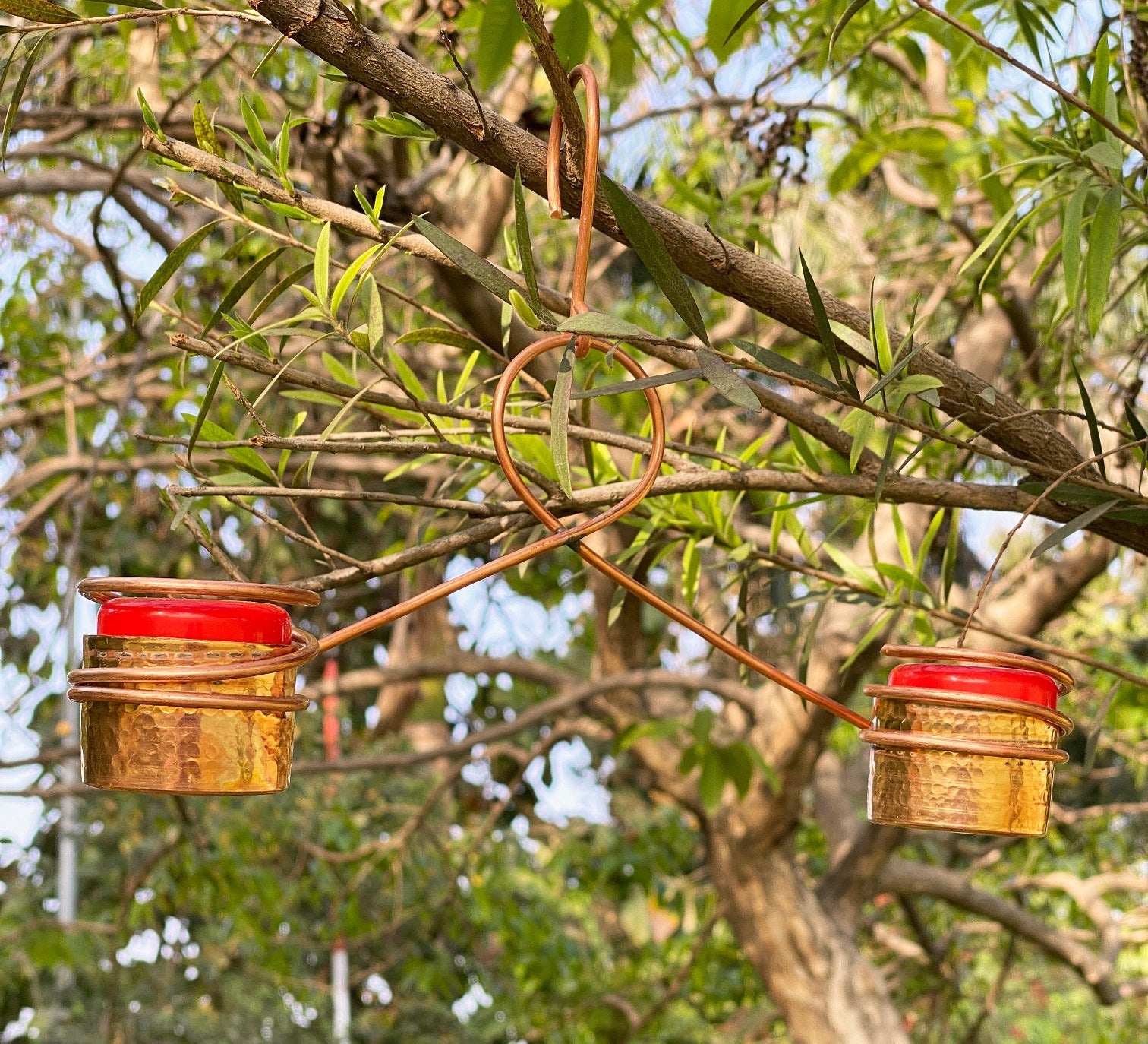 Hanging Copper Hummingbird Feeder with Double Nectar Cups