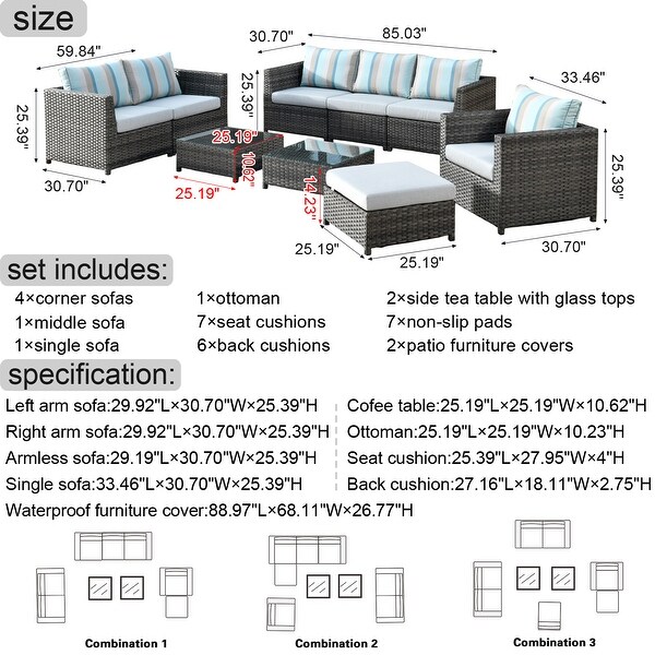 OVIOS Sunbrella Fabric Patio 9and12 Pieces Outdoor Sectional Set