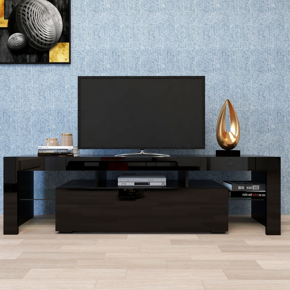 63''L Matt Laminate Finish TV Stand Cabinet with 2 Soft Open Front Storage Doors  20 Colors LED Remote Control (up to 70'')