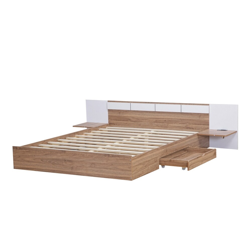 Queen Platform Bed with 2 Drawers  USB Ports   Sockets  Wooden Bed Frame with Extended Headboard   Storage Shelves for Bedroom