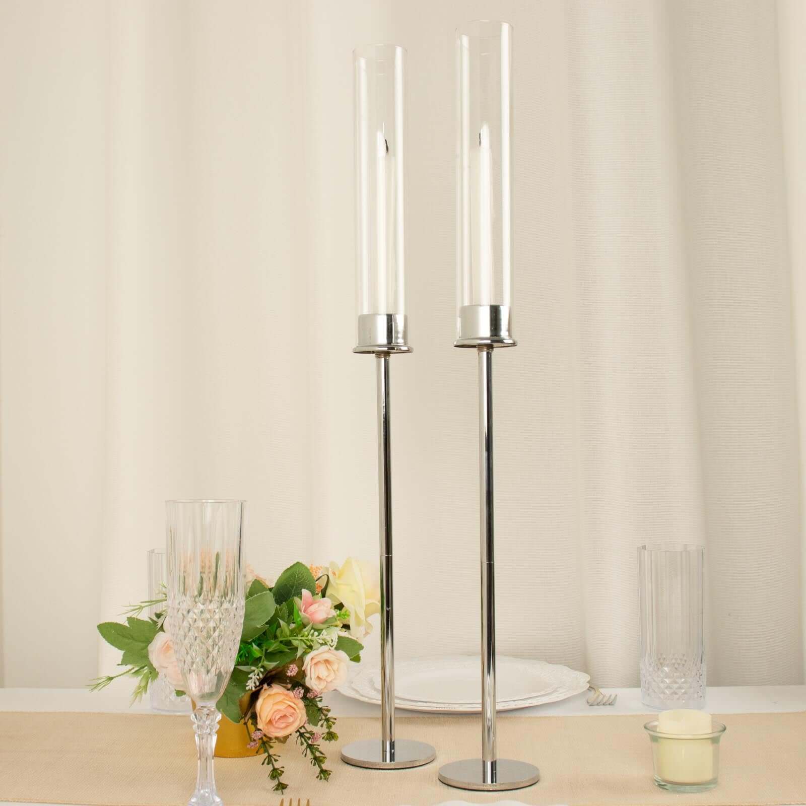 2 Pack Silver Metal Clear Glass Taper Candlestick Holders, Hurricane Candle Stands With Glass Chimney Candle Shades 24