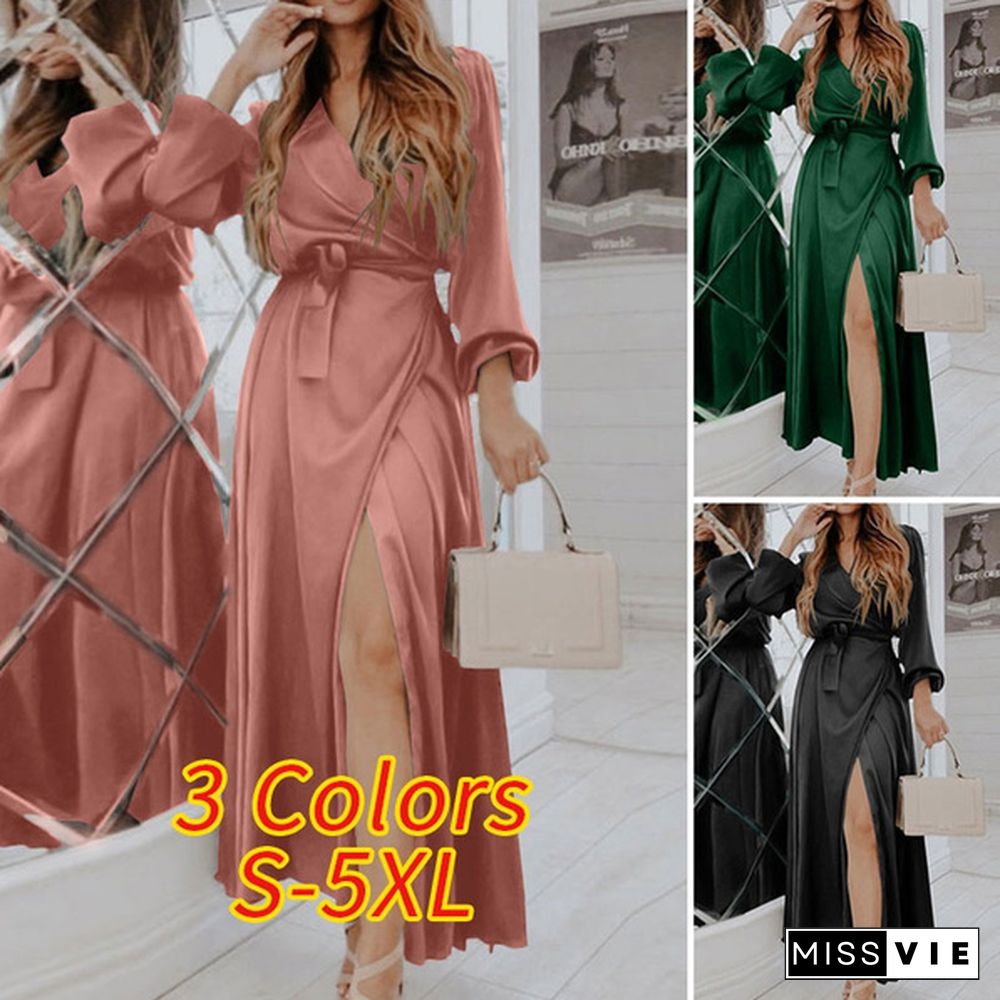 Women Puff Long Sleeve Wrap Maxi Dress Bandage Elegant Casual Silk Stain Long Dress Plus Size