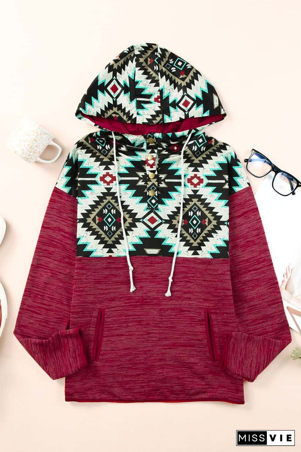 Red Tribal Geometric Print Hoodies with Pocket