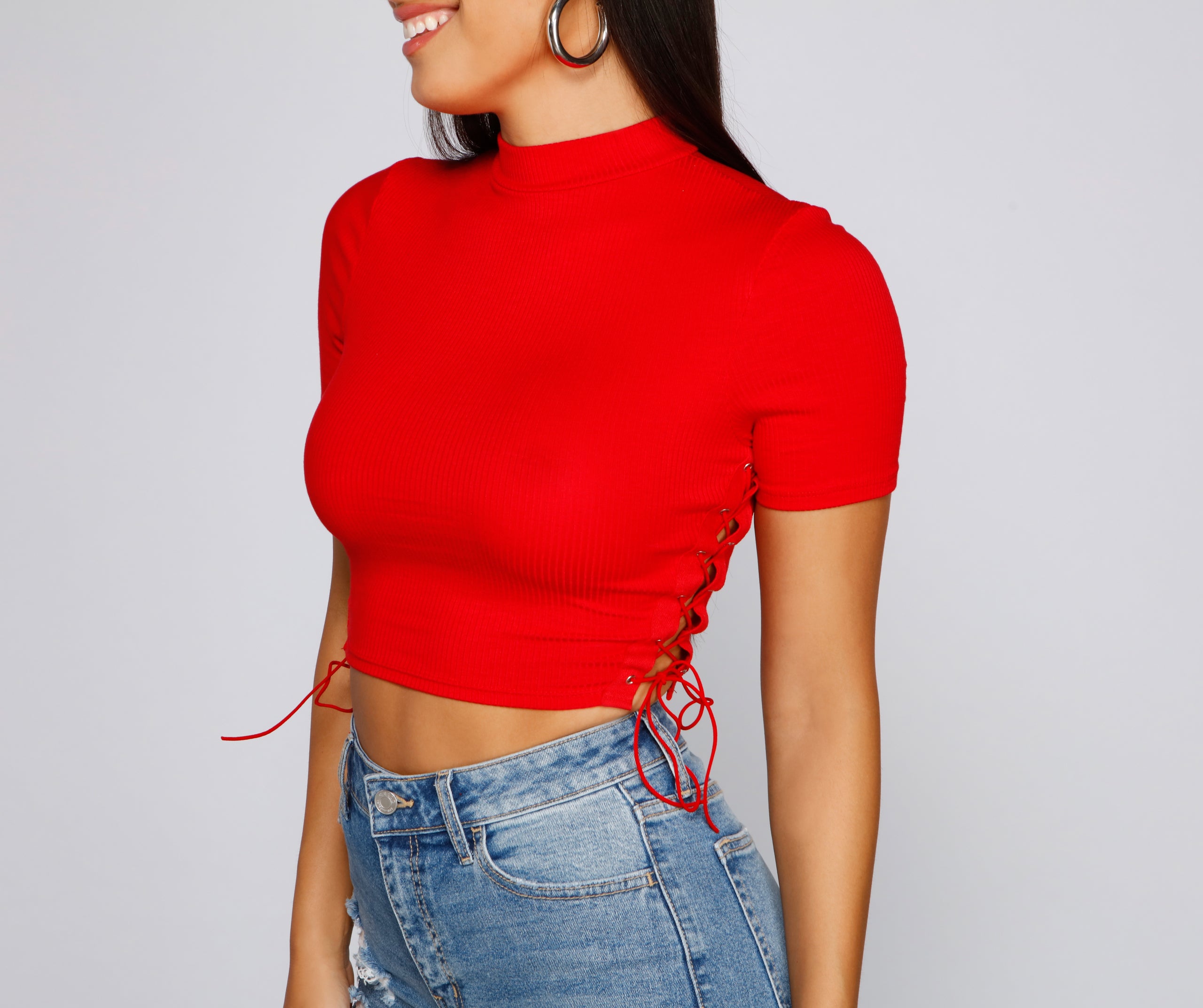 Back To Basics Lace Up Ribbed Knit Top