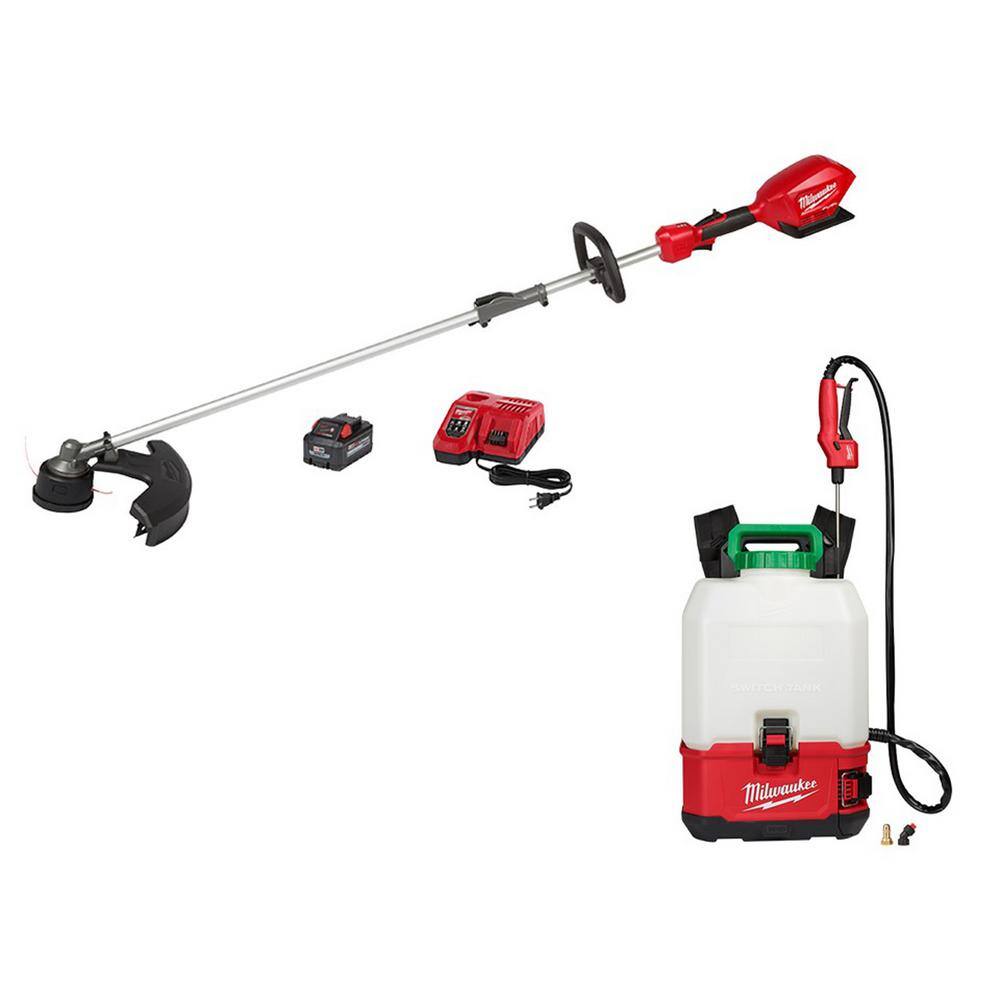 MW M18 FUEL 18V Lithium-Ion Brushless Cordless String Trimmer Kit with M18 4 Gal. Switch Tank Backpack Pesticide Sprayer 2825-21ST-2820-20PS