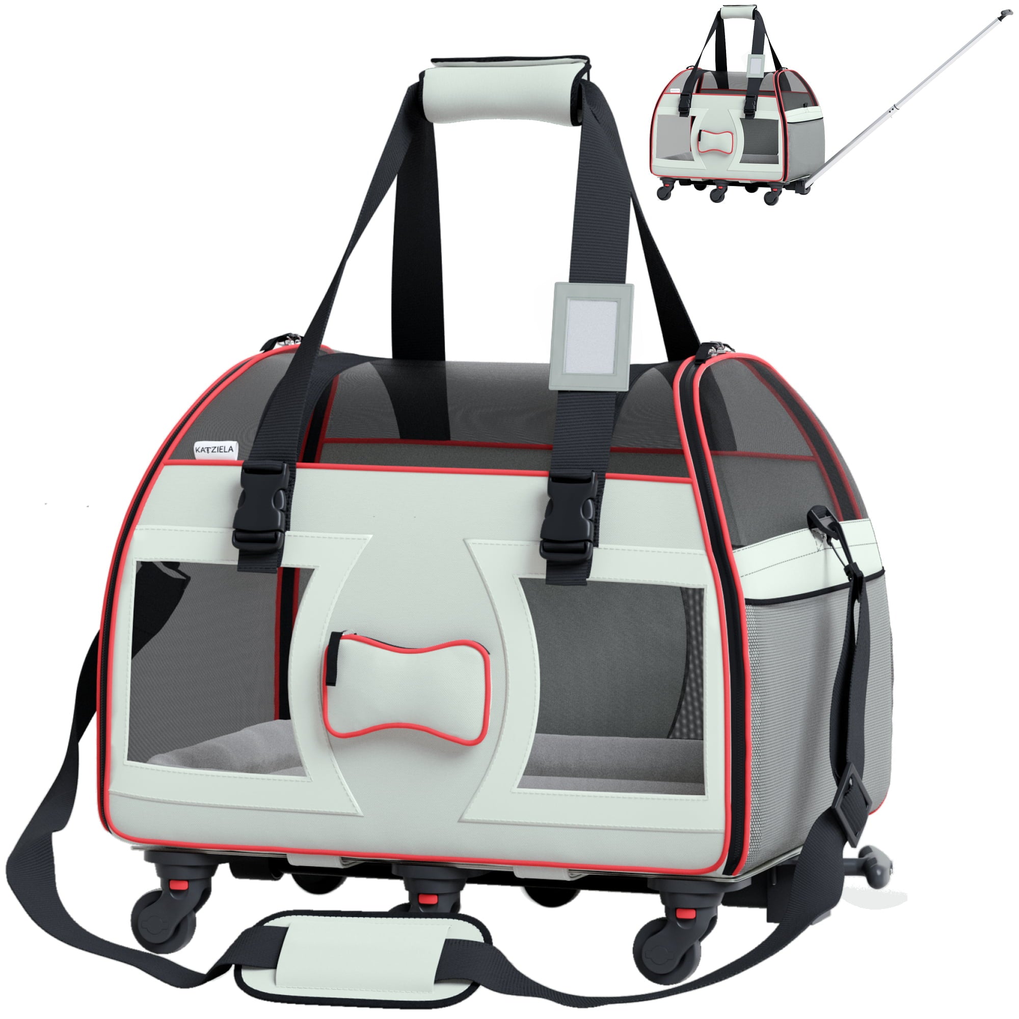 Katziela Bone Cruiser Pet Carrier with Removable Wheels - Telecopic Handle - Airline Approved (Gray)