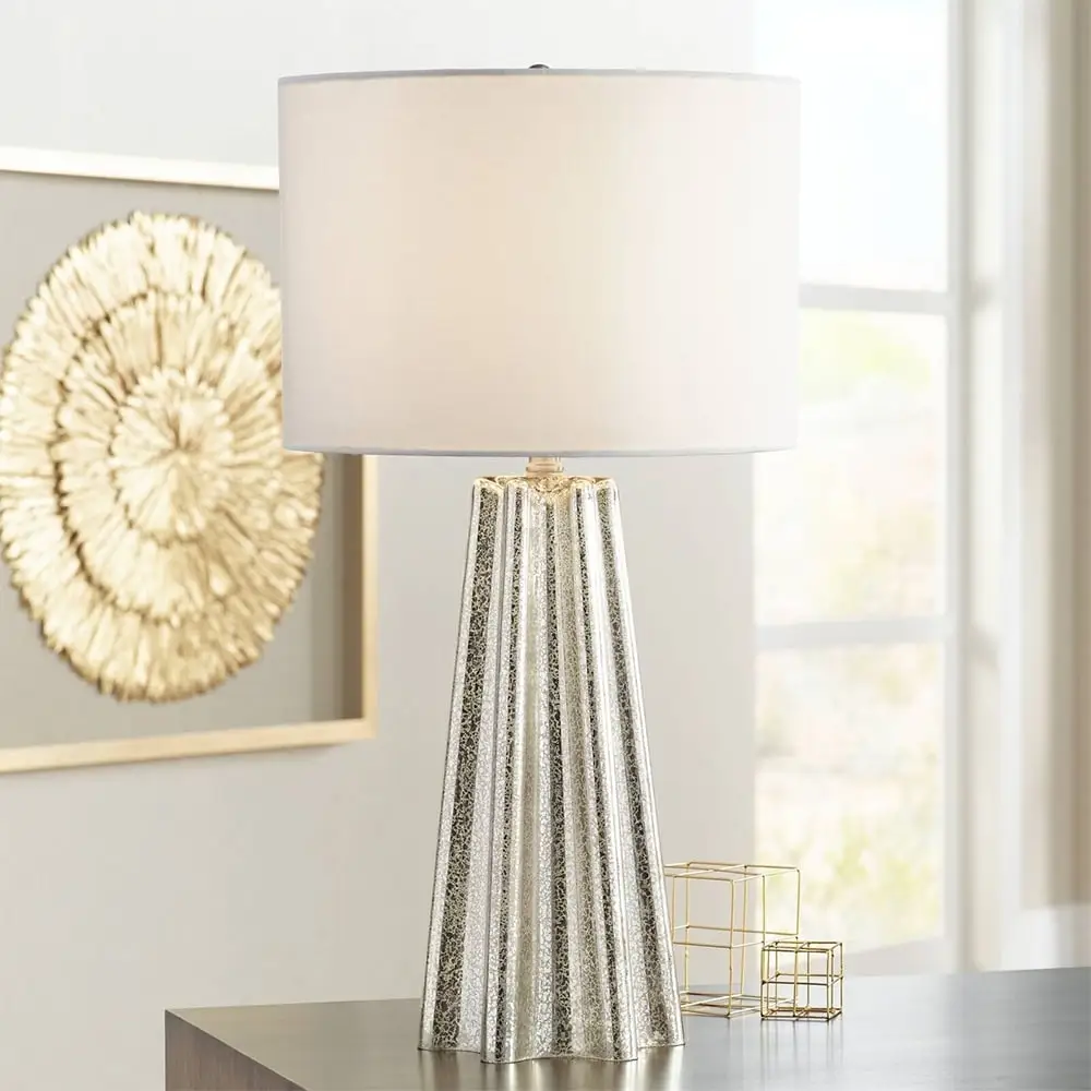 Modern Table Lamp Fluted Mercury Glass White Drum Shade - 14