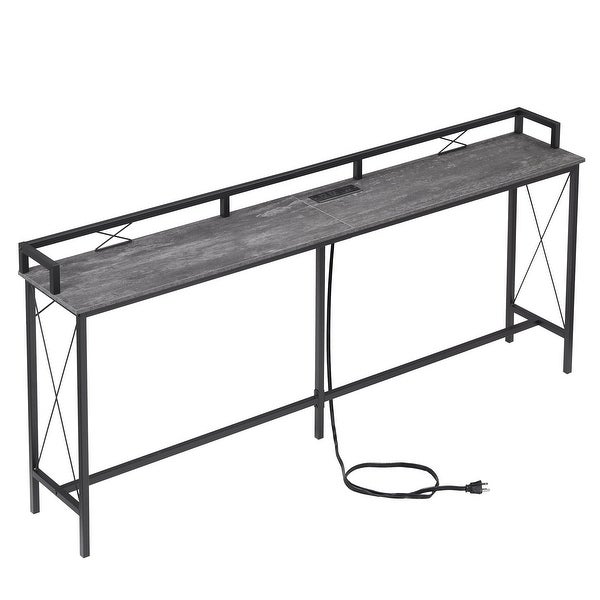 Extra Long Console/Sofa Table with Charging StationandPower Outlet， Charcoal Grey