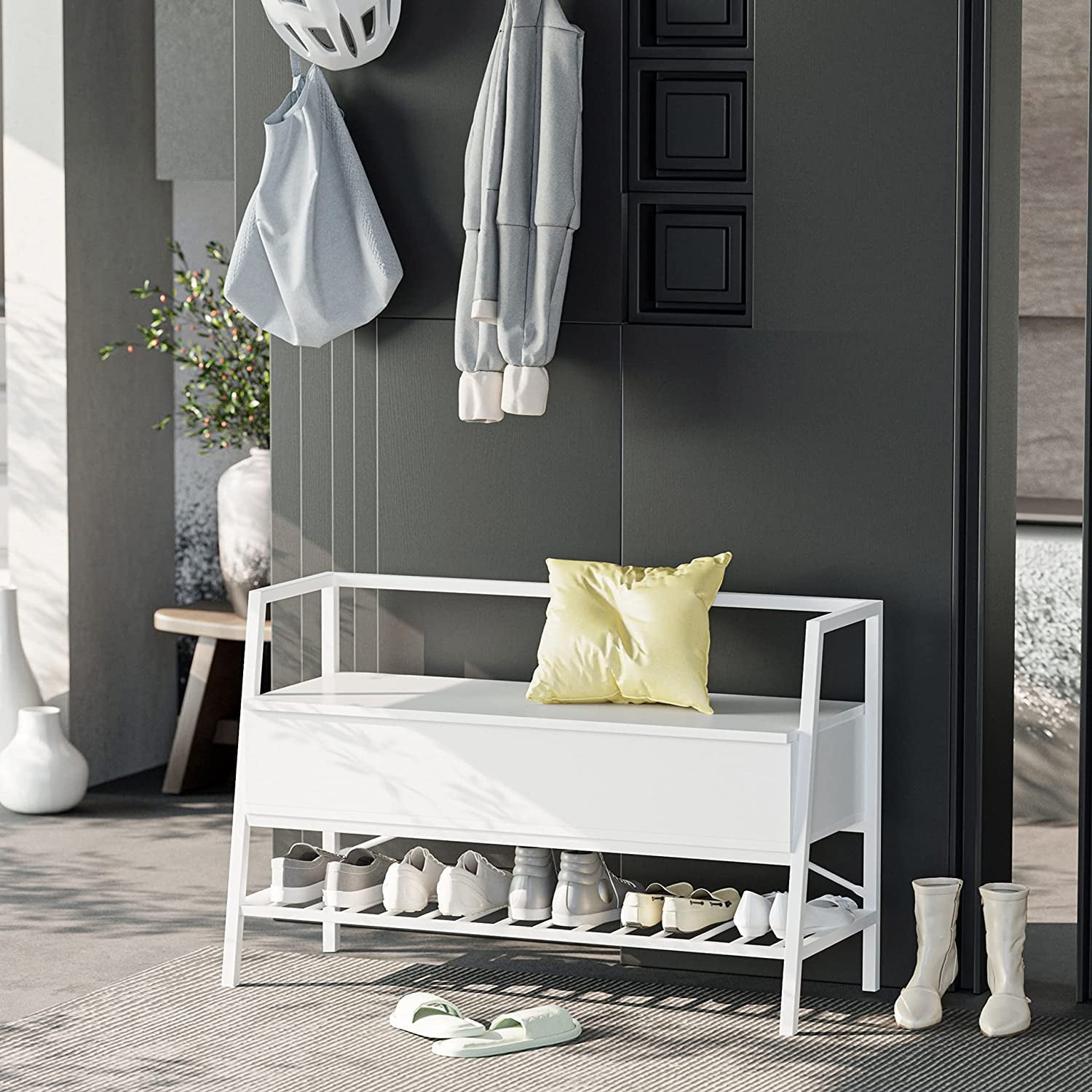 IRONCK Shoe Storage Bench with Shoe Rack,for Entryway, Bedroom, Hallway, Industrial,39.4 In White