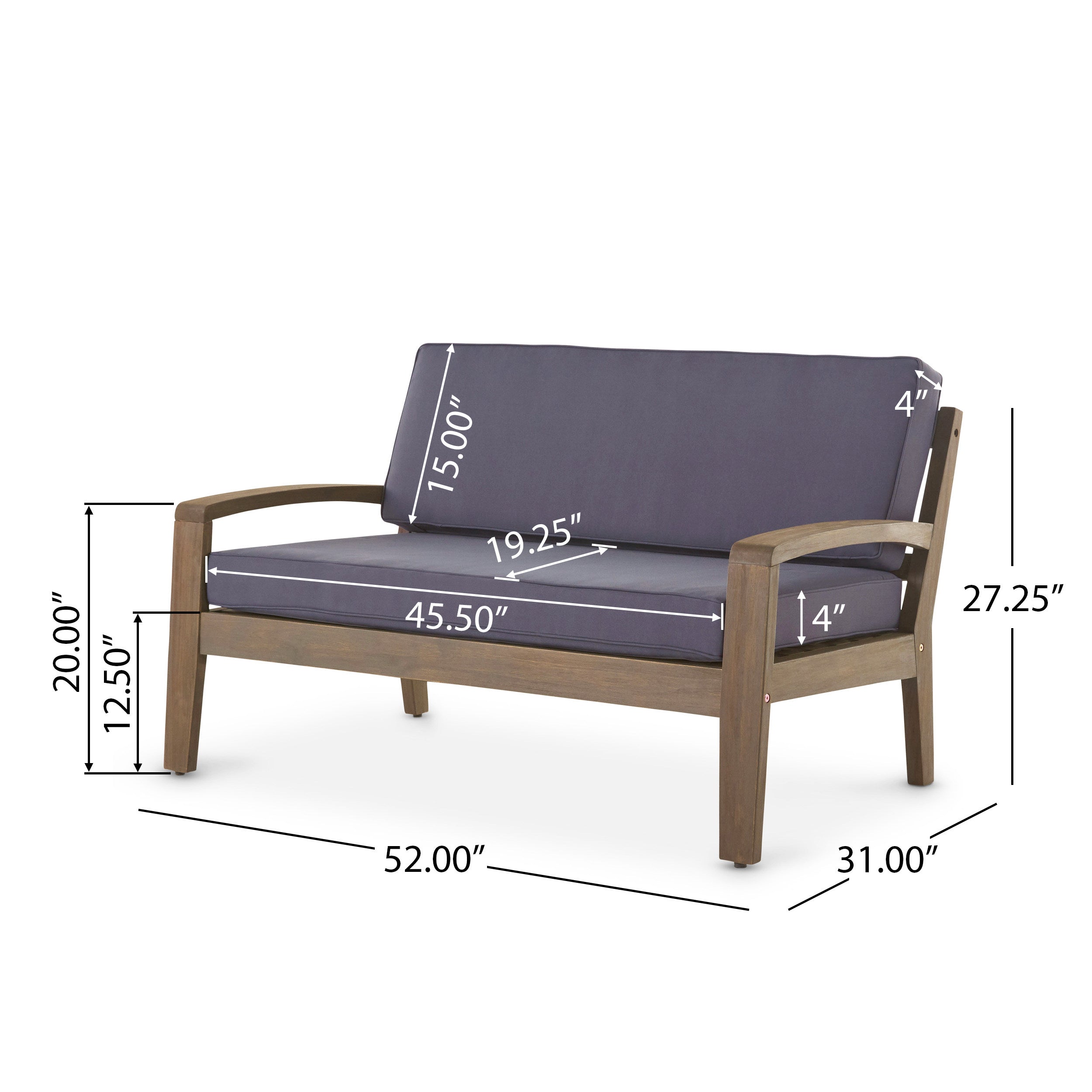 Grenada Outdoor Acacia Wood 4 Piece Chat Set w/ Water Resistant Cushions