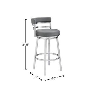 Armen Living Madrid Contemporary 26 in. Counter Height Bar Stool in Brushed Stainless Steel and Grey Faux Leather LCMABABSGR26