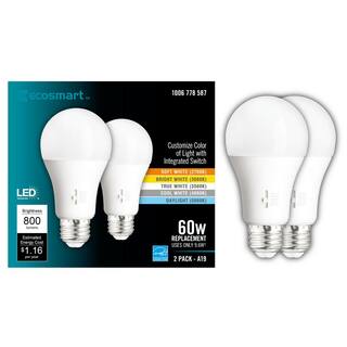 EcoSmart 60-Watt Equivalent A19 Dimmable CEC LED Light Bulb with Selectable Color Temperature (2-Pack) 11A19060W5CCT01